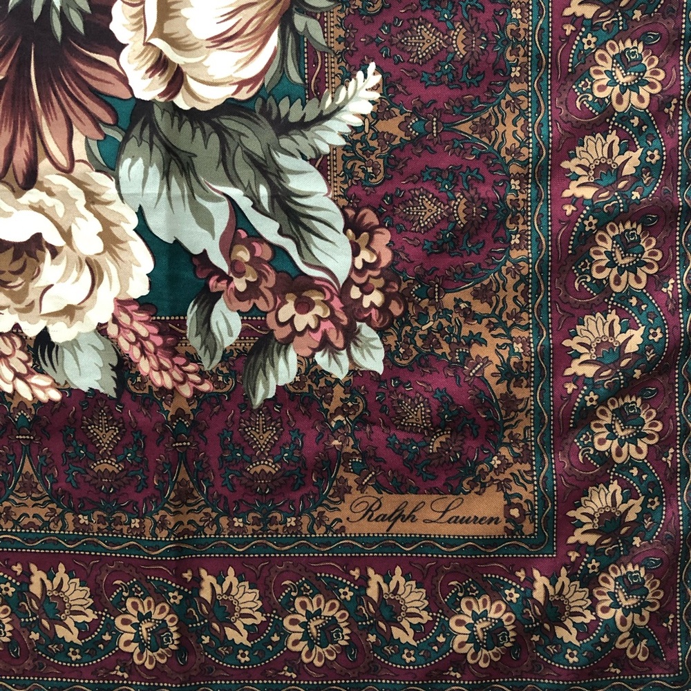 SOLD Vintage Ralph Lauren Fall Floral Silk Scarf Shawl - Picture 2 of 4